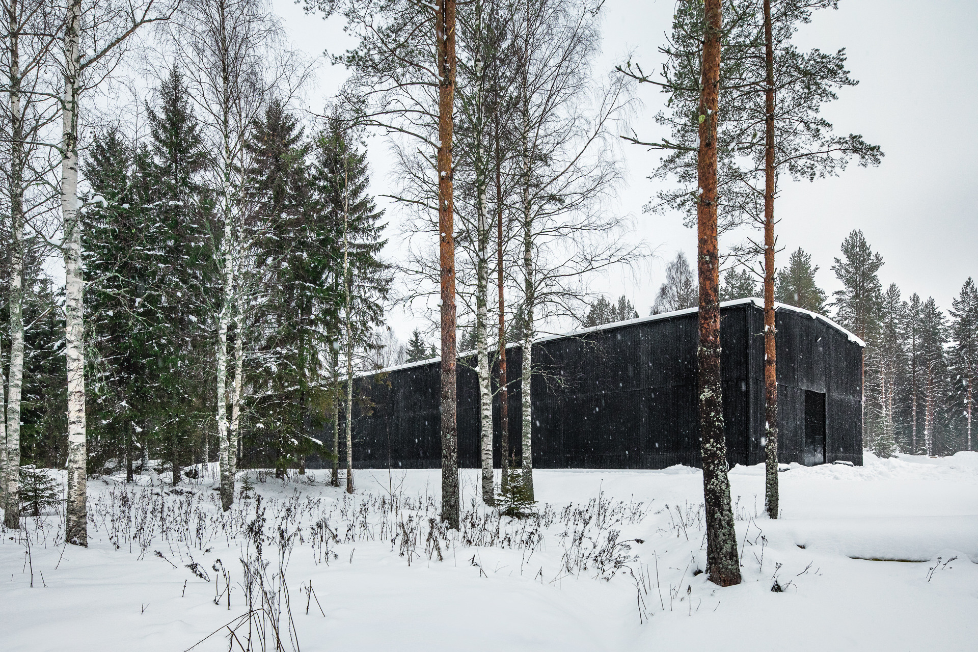 芬兰kyrö酿酒厂的1056平方米的黑色仓库位于森林中间，乍一看似乎与老烧焦的木板一起登上。桶仓库的外立面受到典型区域木制谷仓的启发。
